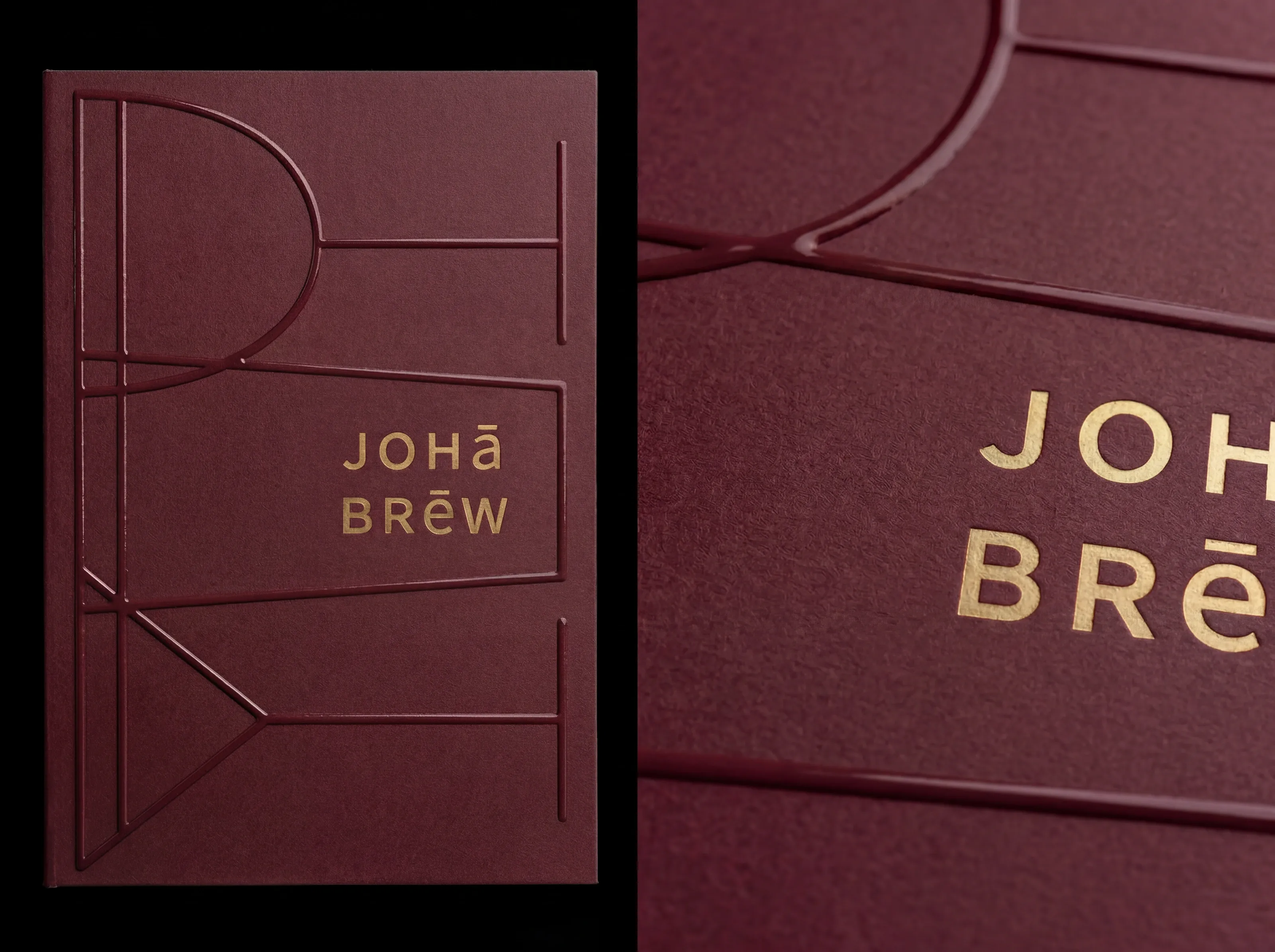 Joha Brew menu cover detail — deep maroon cloth with gold foil line-art and wordmark